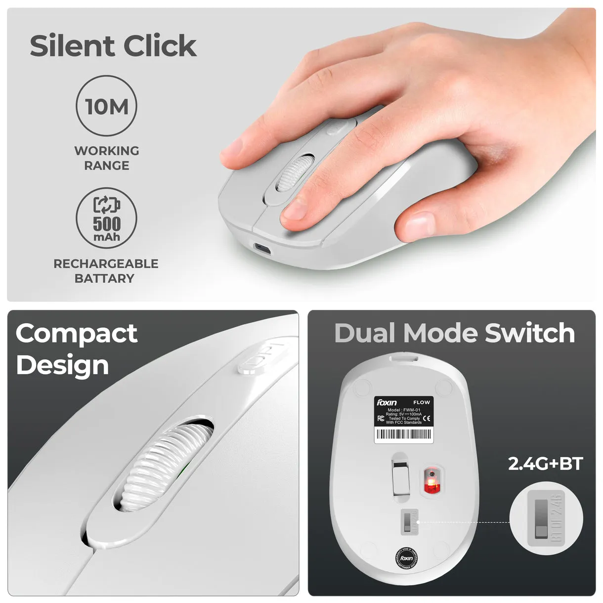 Foxin Wireless Mouse Flow 2.4G + BT (Flow) White view 2